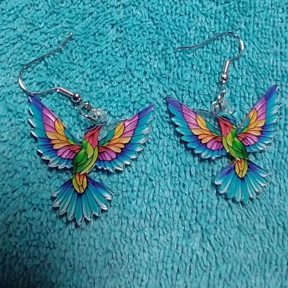 Colorful bird phoenix wings rainbow 🌈 wire earrings - Picture 3 of 3